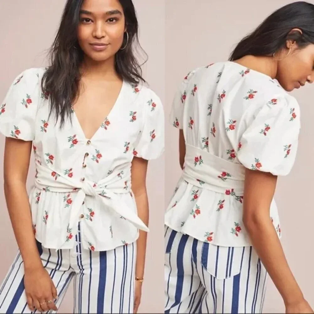 Maeve by Anthropologie Rosalie Embroidered Floral Blouse Top - 27043